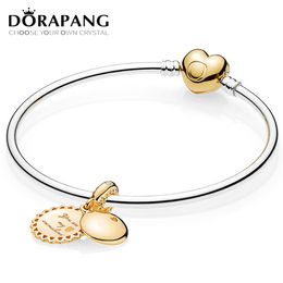 DORAPANG 100% 925 Sterling Silver Shine Sterling Silver Bangle with Heart Clasp New Sweet Love Heart Golden Pendant Bangle Set