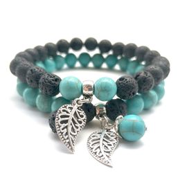 8mm natural black Lava Stone Beads Turquoise Leaf Bracelet Essential Oil Perfume Diffuser Bracelets Women Yoga Jewelry