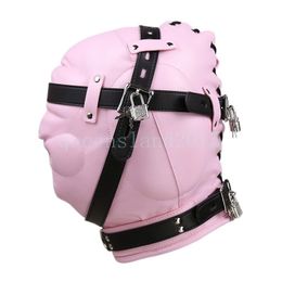 Bondage Pink Padded Leather Head gear Restraint Heavy Duty Mask Blindfold Hood Roleplay #G94