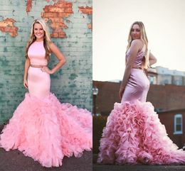 Plus Size Pink Mermaid Prom Dresses Jewel Neck Satin Organza Tiered Skirt Two Piece Prom Dresses Custom Made Graduation Dresses Sweep Train