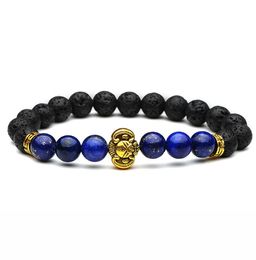 New Bangles Jewellery golden Colour Alloy Elephant Head Charms 8mm Lava Black Stone Beads Bracelet For Women