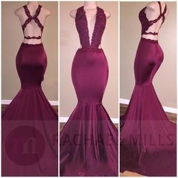 2019 Sexy Mermaid Prom Dresses Plunging V Neck Lace Crystal Beaded Burgundy Criss Cross Back Long Evening Dress Party Pageant Formal Gowns