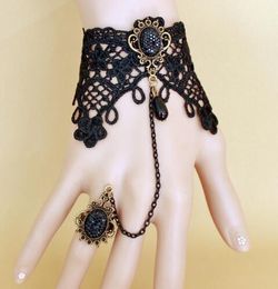 free new European and American women vintage black lace bracelet with ring integrated chain fashion classic elegant