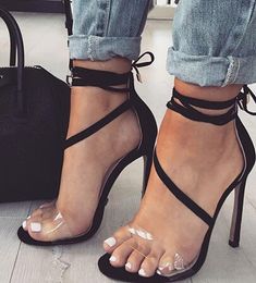 2018 Sexy Gladiator Sandals Women Crystal PVC Jelly Open Toe Thin High Heels Sandals Cross Tie Wedding Shoes Sandalia Feminina