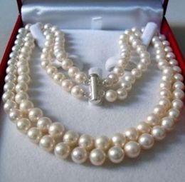 Genuine 2Rows 8-9mm Natural White Akoya Cultured Pearl Hand Knotted Necklace285G