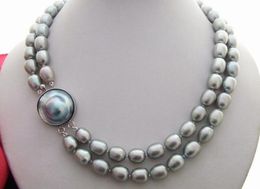 18" 2 Rows White Gray Rice Pearl Necklace-Mabe Clasp