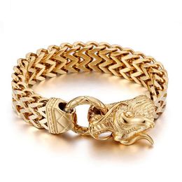 Punk Rock 25CM Dragon Head Cool Mens Bracelets & Bangles Gold Color Stainless Steel Chain & Link Bracelet Men Jewelry