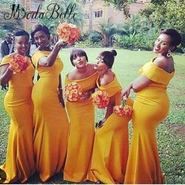 Mermaid Long Bridesmaid Dresses Bateau Neck Nigeria Yellow Ruched Sweep Train Plus Size Long Evening Gowns Vestidos BM0178