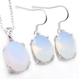 Luckyshien Wedding Jewelry Sets for Women Earrings Pendants 925 Silve Necklaces Oval White Moonstone Fashion Jewelry 2pcs/Lot