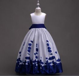Children Girls Evening Party Dresses Pure Color Print Bottom Gown Styles Wedding Dresses for Kids age 3,14 years old