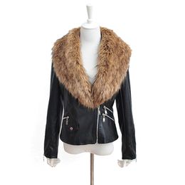 Faroonee PU Leather Jacket with Faux Fur Collar Women Autumn Coat Female Slim Short Outerwear Overcoat Plus Size 3X Q1660