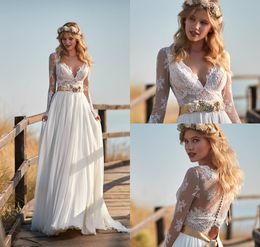 A Line Lace Beach Wedding Dresses Applique Chiffon V Neck Sweep Train Long Sleeve Country Wedding Gowns Belt Boho Bridal Dress Plus Size