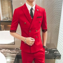 Summer double-breasted short-sleeved suit suit male Slim Korean version of the small men's half-sleeves trend