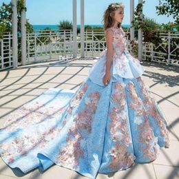 Fascinating Princess Girls Pageant Dress Beautiful Light-Blue Full Lace Flower Girls Dresses Floral Applique Birthday Gown Red Carpet Dress