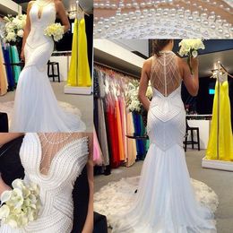 New Sexy Mermaid Wedding Dresses White Chiffon High Neck Sleeveless with Pearls Open Illusion Back Sweep Train Custom Made Bridal Gowns