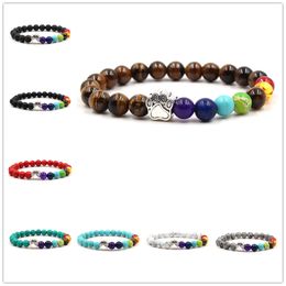 Dog Paw 7 Rainbow Chakras Natural Stone Beaded Bracelet Charms Lava Stone Beads tiger eyes Bracelets Pet Print Stretch Yoga Jewellery