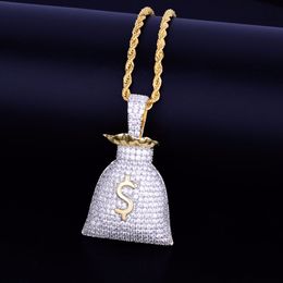 US Dollar Money Bag Pendant With ROPE Chain Gold Silver Colour Bling Cubic Zircon Men's Hip hop Necklace Jewellery For Gift