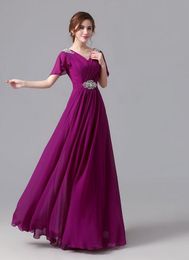 Custom Made Plum Light Sky Blue Chiffon Purple Floor Length Bridesmaid Dresses V-Neck Short-Sleeve A-Line Wedding Guest Dresses