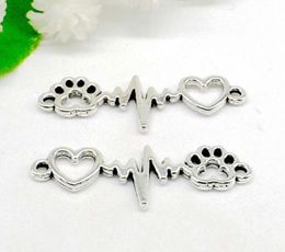 100Pcs Antique Silver Paw Print Heart Connectors Pendant Charms necklace Jewelry Making findings 34x12mm