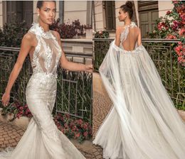 Elihav Sasson Mermaid Wedding Dresses With Cape Lace Appliques Illusion Sweep Train Backless Beach Bridal Gowns Plus Size Wedding Dress