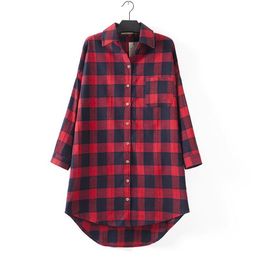 New Autumn Women's Plus Size Plaid Shirt Lady's Long Tops Shirts Long Sleeve Blouse Top Red White Green C3553