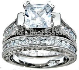 Fashion Jewelry Antique 2ct princess cut 5A Zircon stone 14KT White Gold Filled 2-in-1 Engagement Wedding Ring Set Size 5-11