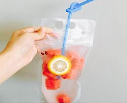500pcs/lot Fast shipping 450ml Plastic Drink Packaging Bag Pouch For Beverage Juice Milk Coffee With Handle & Holes For Straw