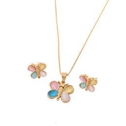 Opal Stone Cute Butterfly Pendant Necklace with Stud Earring Jewellery Set