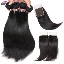 Ishow Brazilian Human Hair Bundles Body Wave Straight Loose Deep Curly With 4*4 Lace Closure Water Wefts for Women All Ages Natural Color Black 8-28inch