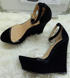 Selling Women Open Toe Black Suede Leather Platform PVC Transparent Ankle Strap Super High Heel Wedge Sandals