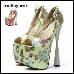 Green Floral Printed Ankle Strap High Heels Pumps 19cm Sexy Lady Party Wedding Shoes Plus Size 34 To 40 41 42 43