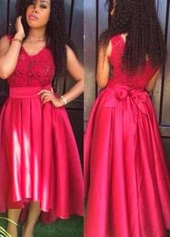 African Evening Dresses Algerian Satin with Lace Long Hi Low Prom Dress Nigerian Elegant Cheap Formal Party Gowns Appliques Bow