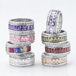 Size 6-10 Jewelry Sterling Sier Princess Cut Multi Color Cz Diamond Amethyst Gemstones Women Wedding Circle Band Ring Gift