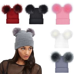 2018 New Women Faux Fur Ball Hat Female Winter Warm Cap Knitted Beanie Girl Double Ball Pom Pom Hats