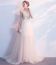 Plus Sizes New Fashion Gray Evening Dresses Long Elegant Elegant Tulle V-Neck Halter Party Ballroom Party Dresses HY061
