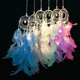 Dream Catcher with Feather Beads LED Light Hanging Decor Dreamcatcher Net Car Hanging Ornament Home Wedding Decor Pendant SN1894