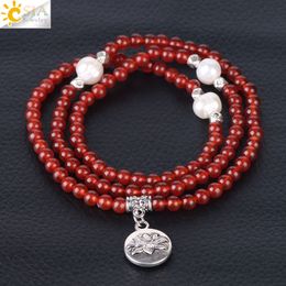 pearl mala UK - CSJA Women Pearl Bracelet 4mm Natural Stone Gemstone Beaded Jewelry 108 Mala Beads Meditation Prayer Retro Silver Lotus Charm Bracelets F357