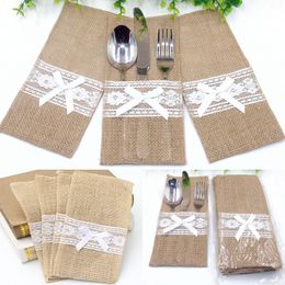 Burlap Cutlery Holder Vintage Shabby Chic Jute Lace Tableware Pouch Packaging Fork Knife Pocket Home Textiles Decoration WX9-793