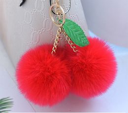 Cherry Pendants Car Key Ring Imitation fox hair Keychain double Faux Fur Pompom Key Chain Lovely Bag Keychains For Gift