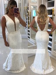 Lace Elegant Full Mermaid Deep V Neck Beads Pearls Floor Length Sweep Train Formal Evening Party Wear Prom Dresses