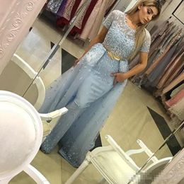 GlamorousMermaid Prom Dresses With Overskirt Short Sleeve Beads Lace Appliques Golden Sash Party Gowns Sexy Light-Blue Evening Dress