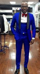 High Quality Shawl Lapel One Button Blue Wedding Groom Tuxedos Men Suits Wedding/Prom/Dinner Man Blazer Jacket Tie Vest Pants 44