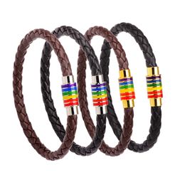 Fashion Charm Rainbow LGBT Pride Handmade Braided Bracelet PU Leather Weave Magnet Clasp Stainless Steel Jewellery Wholesale