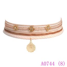 3pcs pink Lace Crystal gold leaf Necklace Chain Clavicle Neck Strap Short Necklace Choker Necklace A0744