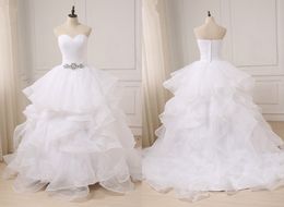 Fashion Ball Gown Ruffles Wedding Dresses Sweetheart Crystal Rhinestones Organza Backless Court Train Pleated Wedding Gowns Vestido