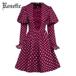 Rosetic Gothic Vintage Lolita Dress Polka Dot Women Autumn Retro Bow Lace 60s Party Student Girl Cute Harajuku Goth Casual Dress