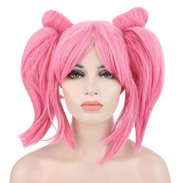 Women Split Type Medium Pink Wigs with Ponytails Double Bun Hair Anime Cosplay