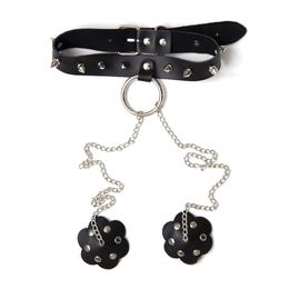 Bondage REAL Black Leather Spike Collar w Nipple Chastity Bondage Sex Toy Fetish #R47