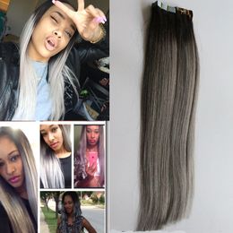 T1B/Grey Ombre Tape in Hair Extensions grey virgin hair 40 Pieces Tape Adhesive Skin Weft Hair 100 Grammes