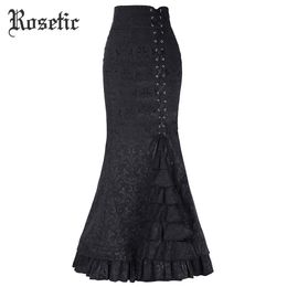 Rosetic Gothic Vintage Long Mermaid Skirt Asymmetric Floral Print Lace Patchwork Lace-up High Waist Goth Black Skirts